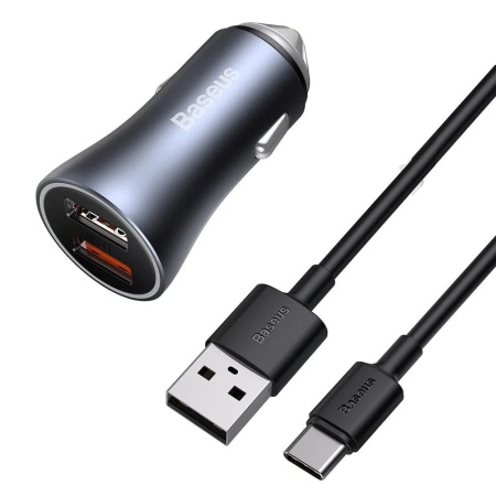 Incarcator auto Baseus Golden Contactor Pro Dual Incarcare rapida 2x USB 40W cablu USB-A la USB-C inclus Gri