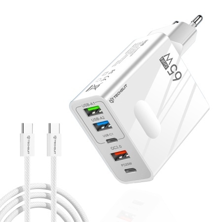 Incarcator Priza Multiport, GaN, USB, Type-C, 65W, Cablu USB-C - Techsuit PentaXPower (CHC1) - White