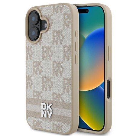 Husa iPhone 16 - DKNY Leather Hardcase Checkered Pattern & Printed Stripes (DKHCP16SPCPTSSP) - Pink