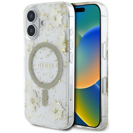 Husa pentru iPhone 16 - Guess Hardcase Resin Flowers and Glitter MagSafe (GUHMP16SRBFGFGME) - Beige