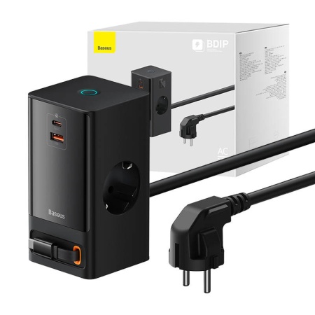 Incarcator retea Baseus PowerCombo Digital PowerStrip 2 prize AC 1x USB-C 1x USB-A cablu retractabil USB-C 65W lungime cablu 1.5m Negru