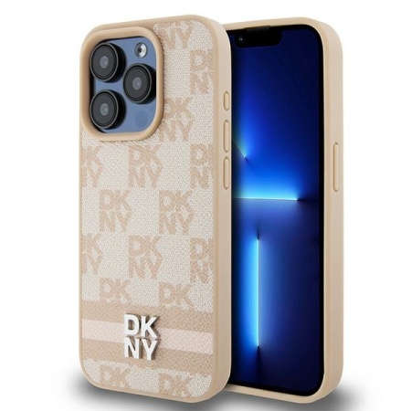 Husa iPhone 15 Pro Max - DKNY Leather Checkered Mono Pattern & Printed Stripes (DKHCP15XPCPTSSP) - Pink