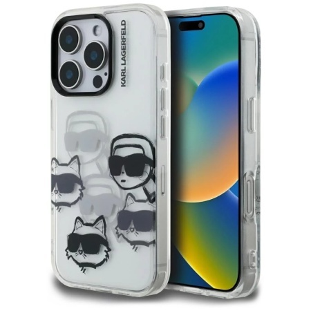 Husa pentru iPhone 16 Pro - Karl Lagerfeld IML Multi Head Pattern (KLHCP16LHMCHKCT) - Transparent Karl&Choupette Head