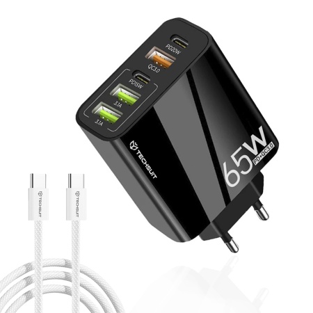 Incarcator Priza Multiport, USB, Type-C, 65W, Cablu USB-C - Techsuit PentaXPower (CHC2) - Black