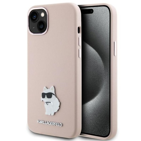 Husa pentru iPhone 15 Plus - Karl Lagerfeld Silicone (KLHCP15MSMHCNPP) - Pink Choupette Metal Pin