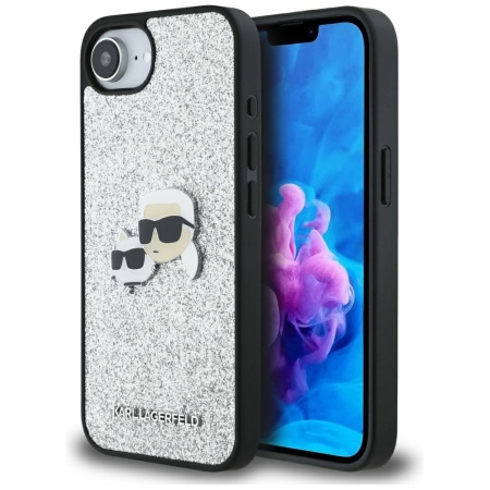 Husa pentru iPhone 16e - Karl Lagerfeld Hardcase Glitter Fixed (KLHCPSE4PFGKCPS) - Silver Karl&Choupette Head