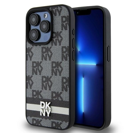 Husa iPhone 15 Pro Max - DKNY Leather Checkered Mono Pattern & Printed Stripes (DKHCP15XPCPTSSK) - Black