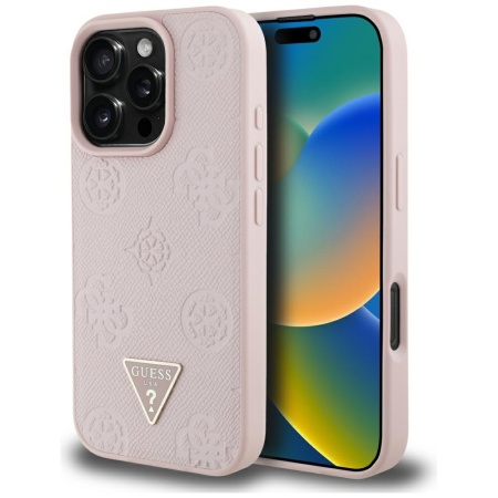 Husa pentru iPhone 16 Pro Max - Guess Peony Grained Hot Stamp Triangle MagSafe (GUHMP16XPGBTMP) - Pink