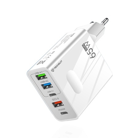 Incarcator Priza Multiport, GaN, USB, Type-C, 65W - Techsuit PentaXPower (CHC1) - White