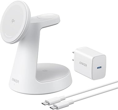 Incarcator wireless magnetic Anker MagGo 3-in-1 MagSafe Qi2 15W Alb (incarcator si cablu inclus)