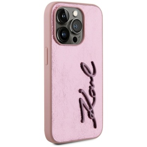 Husa iPhone 15 Pro - Karl Lagerfeld Hardcase Leather (KLHCP15LPFMFBKMP) - Pink Metal Signature - Img 4