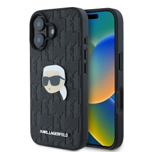 Husa iPhone 16 - Karl Lagerfeld Hardcase Leather Monogram (KLHCP16SPGKLKIPK) - Karl Head Pin - Img 1