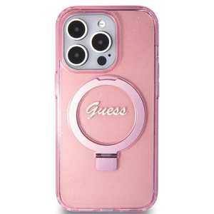 Husa pentru iPhone 15 Pro - Guess Ring Stand Script Glitter MagSafe (GUHMP15LHRSGSP) - Pink - Img 3