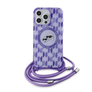 Husa pentru iPhone 15 Pro - Karl Lagerfeld IML Crossbody MagSafe (KLHMP15LHCKCKLCU) - Purple Monogram Karl&Choupette Head - Img 2