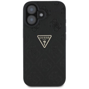 Husa pentru iPhone 16 - Guess Leather Hot Stamp 4G Pattern Triangle Metal Logo (GUHCP16SPGP4STRK) - Black - Img 3