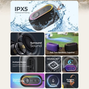 Boxa portabila Bluetooth 5.3, Lumini RGB, IPX5, TWS, TF, USB, FM, AUX - Havit (SK809BT) - Violet - Img 7
