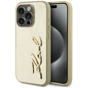 Husa iPhone 15 Pro - Karl Lagerfeld Hardcase Leather (KLHCP15LPFMFBKMD) - Gold Metal Signature - Img 1