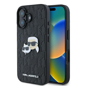 Husa iPhone 16 - Karl Lagerfeld Hardcase Leather Monogram (KLHCP16SPGKLKCPK) - Karl&Chaoupette Head Pin - Img 1