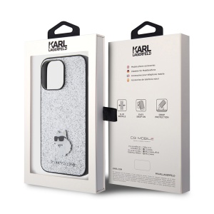 Husa pentru iPhone 15 Pro Max - Karl Lagerfeld Hardcase Glitter Fixed (KLHCP15XGCNPSG) - Silver Choupette Logo - Img 7