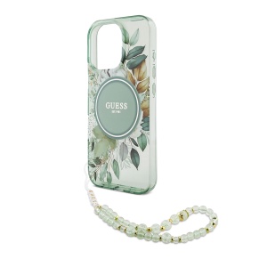 Husa pentru iPhone 16 Pro - Guess IML Flowers with Pearl Strap MagSafe (GUHMP16LHFWBRCESN) - Green - Img 5