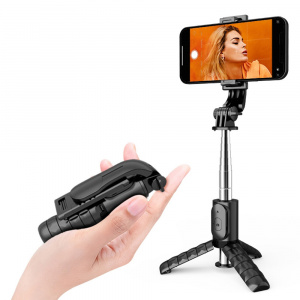 Selfie Stick cu Trepied si Telecomanda, 74cm, Mini - Techsuit (Q11) - Black - Img 1