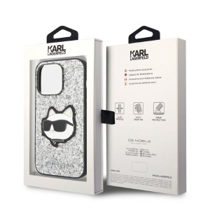 Husa pentru iPhone 14 Pro Max - Karl Lagerfeld Hardcase Glitter (KLHCP14XG2CPS) - Silver Choupette Patch - Img 8