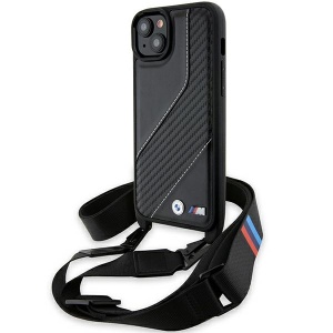 Husa pentru iPhone 15 Plus - BMW Leather M Edition Carbon Stripe & Strap (BMHCP15M23PSCCK) - Black