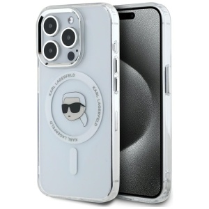 Husa pentru iPhone 15 Pro - Karl Lagerfeld IML MagSafe (KLHMP15LHLSKIH) - White Metal Karl`s Head