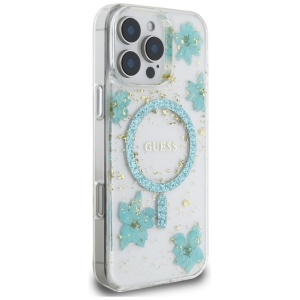 Husa pentru iPhone 16 Pro - Guess Hardcase Resin Flowers and Glitter MagSafe (GUHMP16LRBFGFGMQ) - Turquoise - Img 2