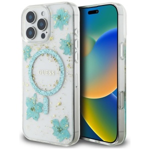 Husa pentru iPhone 16 Pro Max - Guess Hardcase Resin Flowers and Glitter MagSafe (GUHMP16XRBFGFGMQ) - Turquoise - Img 13