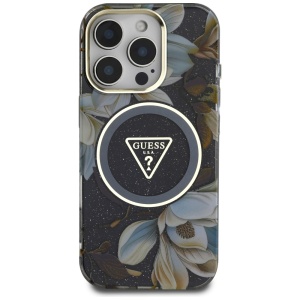 Husa pentru iPhone 16 Pro Max - Guess IML Metal Glitter Flowers Triangle MagSafe (GUHMP16XHFLPEDK) - Black - Img 2