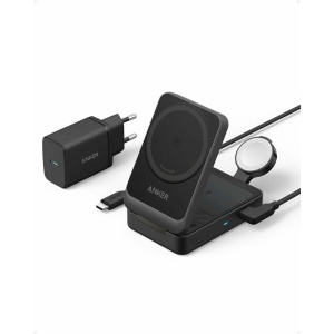 Incarcator wireless magnetic Anker MagGo 3-in-1 MagSafe Qi2 Negru