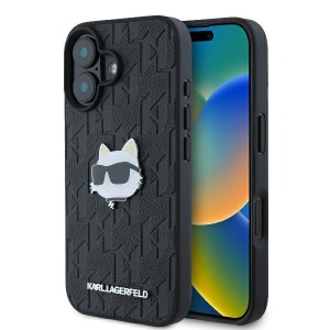 Husa iPhone 16 - Karl Lagerfeld Hardcase Leather Monogram (KLHCP16SPGKLCHPK) - Choupette Head Pin - Img 1
