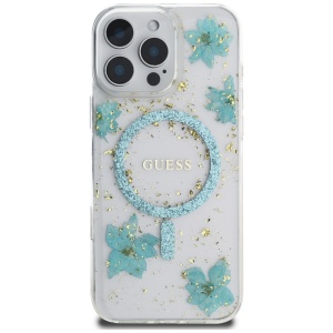 Husa pentru iPhone 16 Pro - Guess Hardcase Resin Flowers and Glitter MagSafe (GUHMP16LRBFGFGMQ) - Turquoise - Img 3