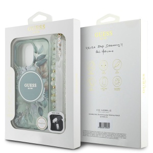 Husa pentru iPhone 16 Pro - Guess IML Flowers with Pearl Strap MagSafe (GUHMP16LHFWBRCESN) - Green - Img 6