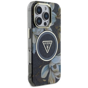Husa pentru iPhone 16 Pro Max - Guess IML Metal Glitter Flowers Triangle MagSafe (GUHMP16XHFLPEDK) - Black - Img 3