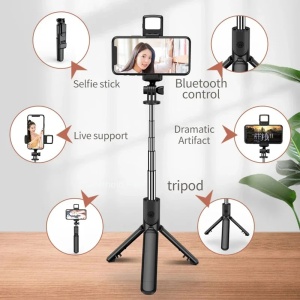 Mini Selfie Stick cu Telecomanda, LED, 67cm - Techsuit (S03-S) - Black - Img 3