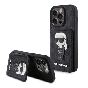 Husa pentru iPhone 15 Pro - Karl Lagerfeld Saffiano Cardslots and Stand (KLHCP15LSAKKNSCK) - Monogram Ikonik - Img 1