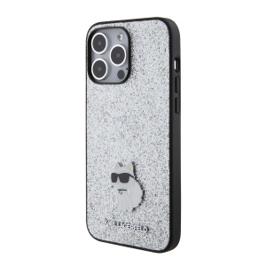 Husa pentru iPhone 15 Pro Max - Karl Lagerfeld Hardcase Glitter Fixed (KLHCP15XGCNPSG) - Silver Choupette Logo - Img 4
