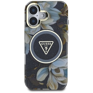 Husa pentru iPhone 16 - Guess IML Metal Glitter Flowers Triangle MagSafe (GUHMP16SHFLPEDK) - Black - Img 2