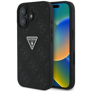 Husa pentru iPhone 16 - Guess Leather Hot Stamp 4G Pattern Triangle Metal Logo (GUHCP16SPGP4STRK) - Black - Img 1