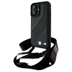 Husa pentru iPhone 16 Plus - BMW Leather M Edition Carbon Stripe & Strap (BMHCP16M23PSCCK) - Black - Img 1