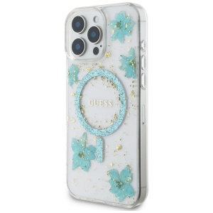 Husa pentru iPhone 16 Pro - Guess Hardcase Resin Flowers and Glitter MagSafe (GUHMP16LRBFGFGMQ) - Turquoise - Img 4