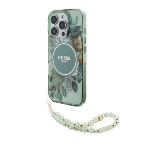 Husa pentru iPhone 16 Pro - Guess IML Flowers with Pearl Strap MagSafe (GUHMP16LHFWBRCESN) - Green - Img 2