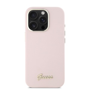 Husa pentru iPhone 16 Pro - Guess Silicone Script Metal Logo & Frame (GUHCP16LSMBSLP) - Pink - Img 3