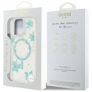 Husa pentru iPhone 16 Pro Max - Guess Hardcase Resin Flowers and Glitter MagSafe (GUHMP16XRBFGFGMQ) - Turquoise - Img 12