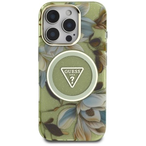 Husa pentru iPhone 16 Pro Max - Guess IML Metal Glitter Flowers Triangle MagSafe (GUHMP16XHFLPEDN) - Green - Img 2