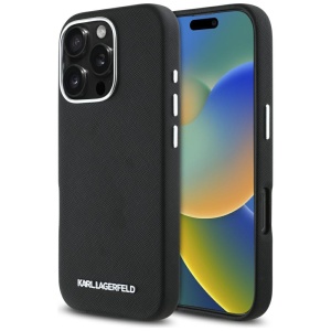 Husa pentru iPhone 16 Pro Max - Karl Lagerfeld Saffiano Full Wrapped Elongated Metal Logo MagSafe (KLHMP16XPSAFWMCK) - Black - Img 1