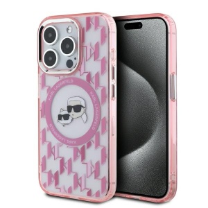 Husa pentru iPhone 15 Pro - Karl Lagerfeld IML MagSafe (KLHMP15LHMCKMHP) - Pink Monogram Karl&Choupette Head - Img 1