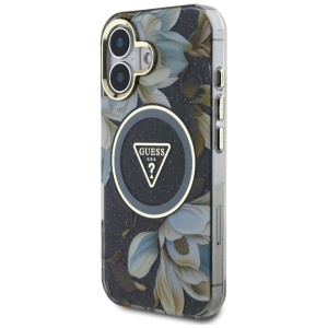 Husa pentru iPhone 16 - Guess IML Metal Glitter Flowers Triangle MagSafe (GUHMP16SHFLPEDK) - Black - Img 3